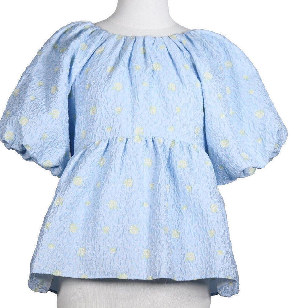 English Factory Women's XS Blue Empire Waist Top Jacquard Floral Puff Sleeves